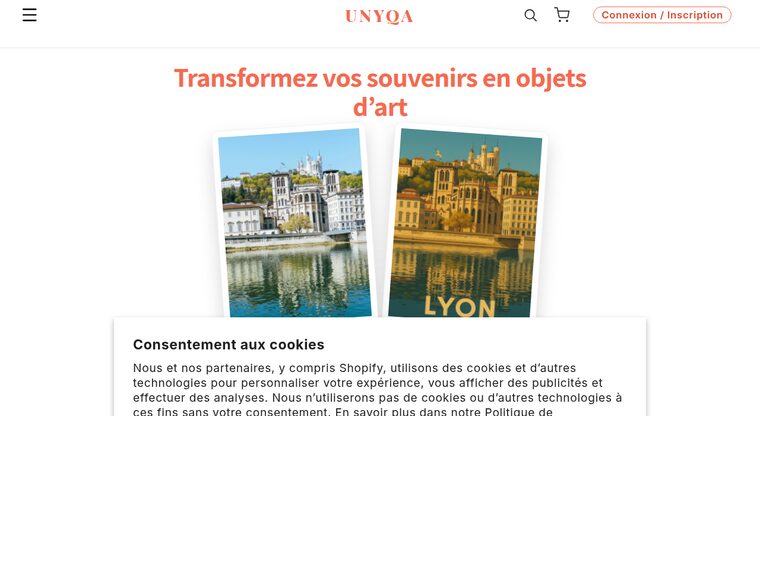 Page d'accueil du site unyqa.fr, plateforme de creation d'affiches personnalisees