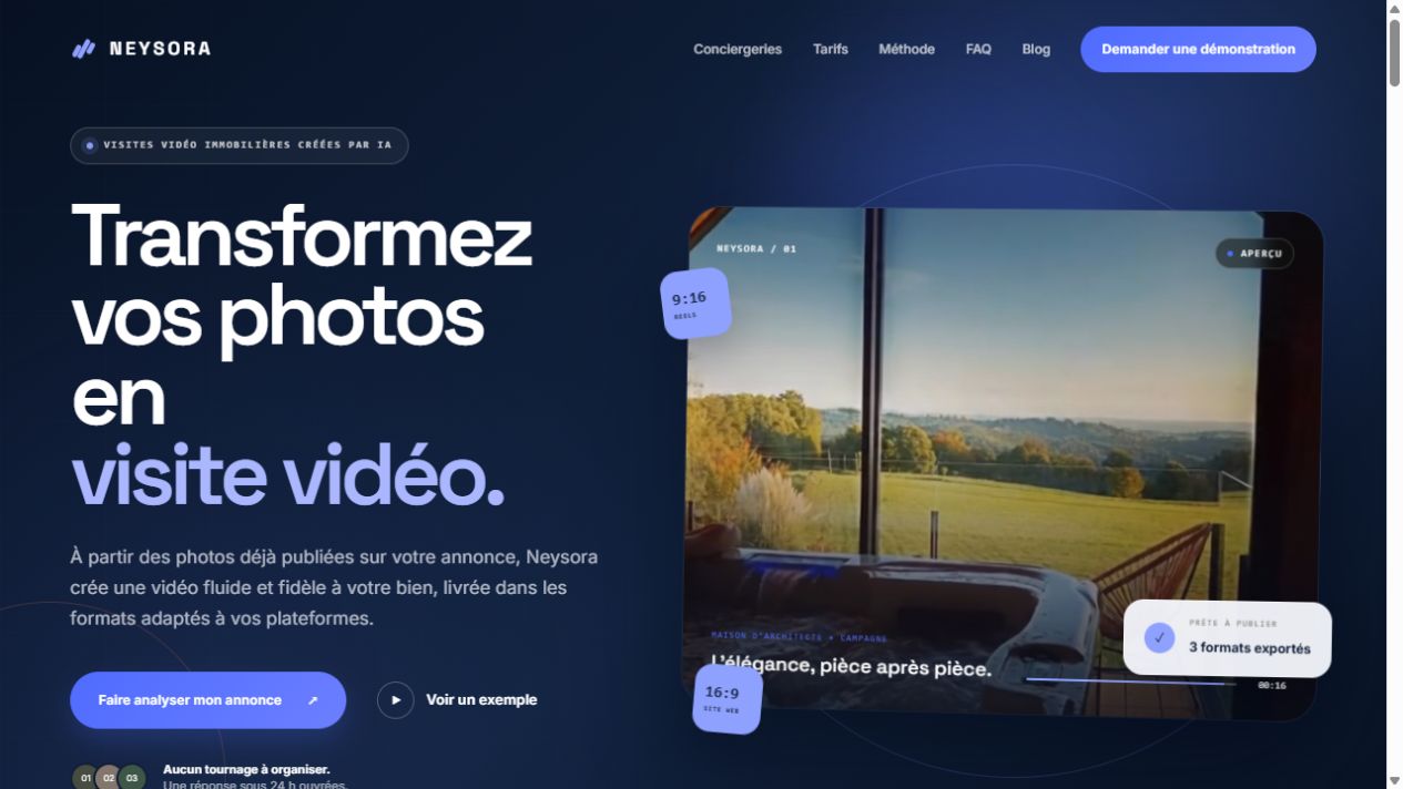 Aperçu du site neysora.fr, visites vidéo immobilières par IA